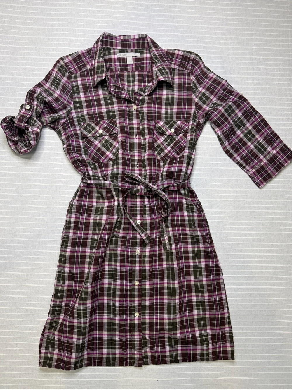 💜 Old Navy Plaid Belted Shirt Dress – Size Small